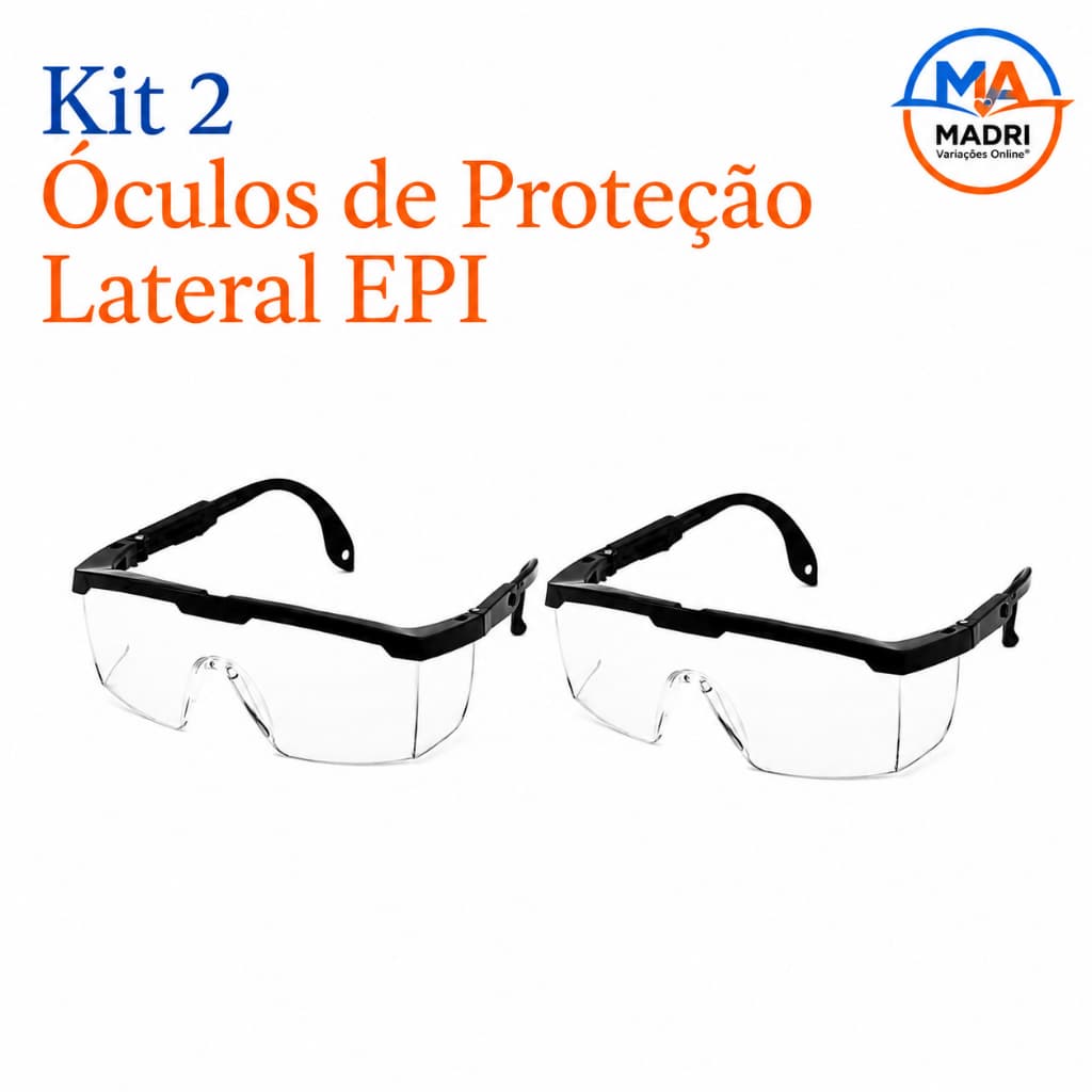 Kit 2 Óculos de Proteção Lateral EPI Segurança Trabalho - Hastes Ajustáveis
