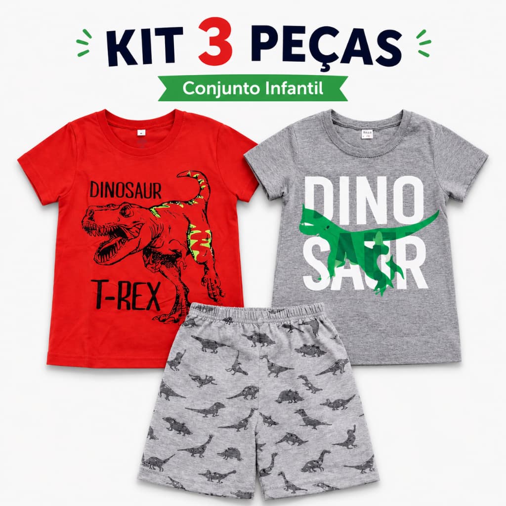 Conjunto Infantil Menino Kit 3 Peças 2 Camisetas + 1 Short Algodão Confortável Tamanho 1 ao 8