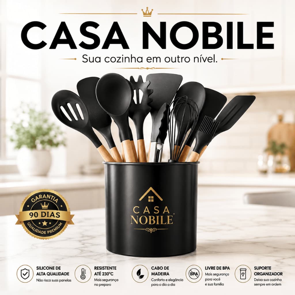 Kit  Utensílios De Cozinha 12 Peças Silicone Cabo De Madeira Antiaderente