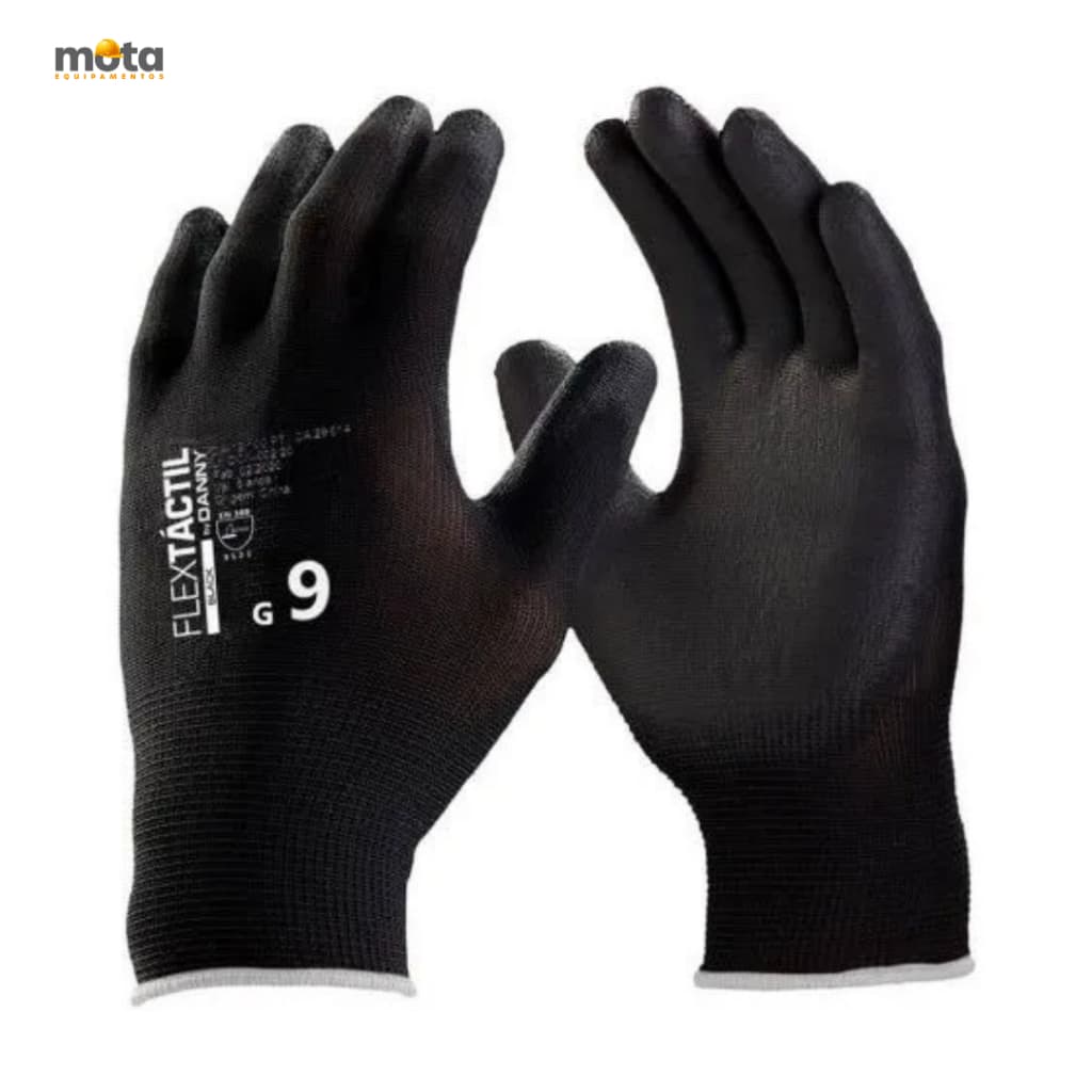 Kit 12Pares Luva PU Danny Multitato Preta Flextactil Epi Mecânico Epi