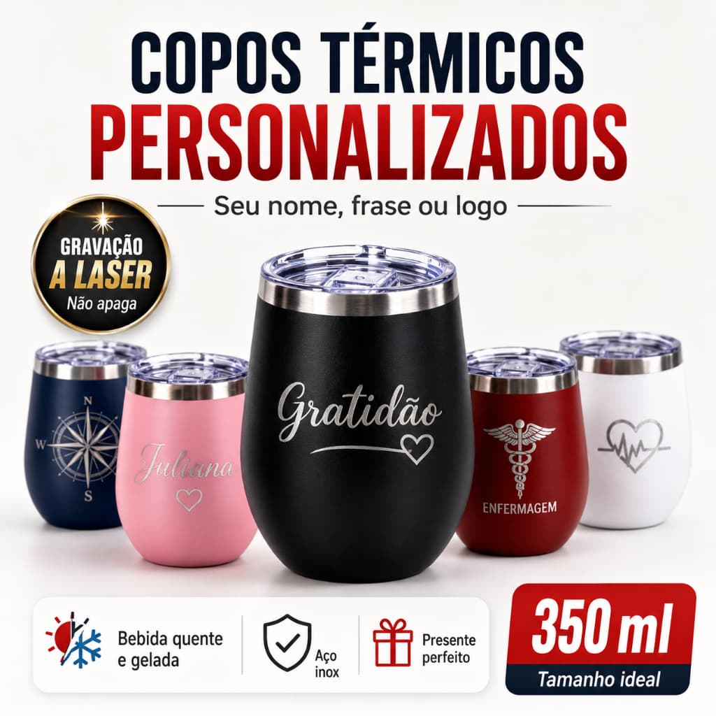 Copo Térmico 360ml Personalizado | Presente Criativo | Inox com Tampa | Brinde Corporativo