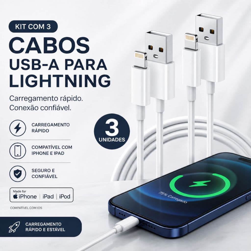 Kit 3 Cabos Turbo Compatível Com Iphone Carregador Usb 1 Metro