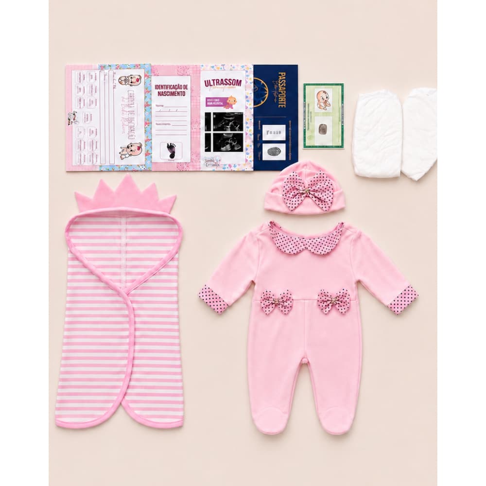 Kit Acessórios para Boneca Reborn com Roupa Roupão Documentos e Fraldas