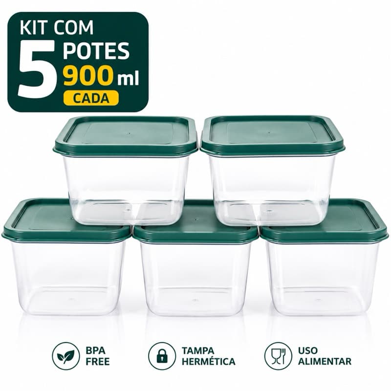 Kit 5 Potes Herméticos 900ml Quadrados BPA Free, Tampa com Vedação, Freezer Micro-ondas Lava-louças