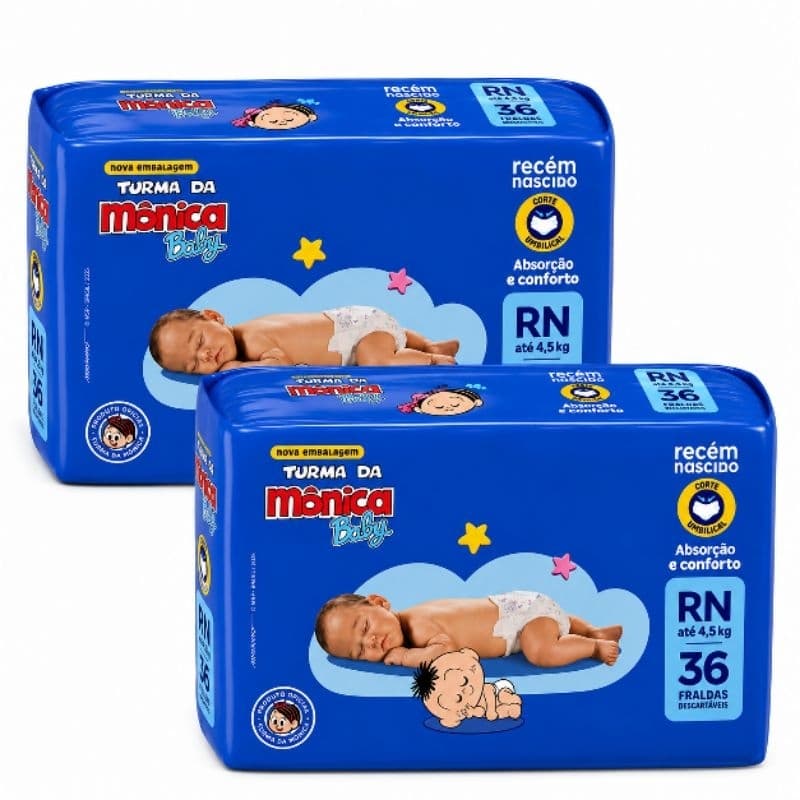 Kit Fralda Turma Da Mônica Baby Tam. RN Até 4,5Kg - 2 Pacotes com 36 Unidades Cada