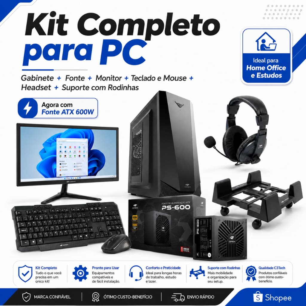 Kit Completo Pc C3Tech Tela Monitor com Gabinete Monitor Teclado Mouse Headset e Suporte com Rodinhas