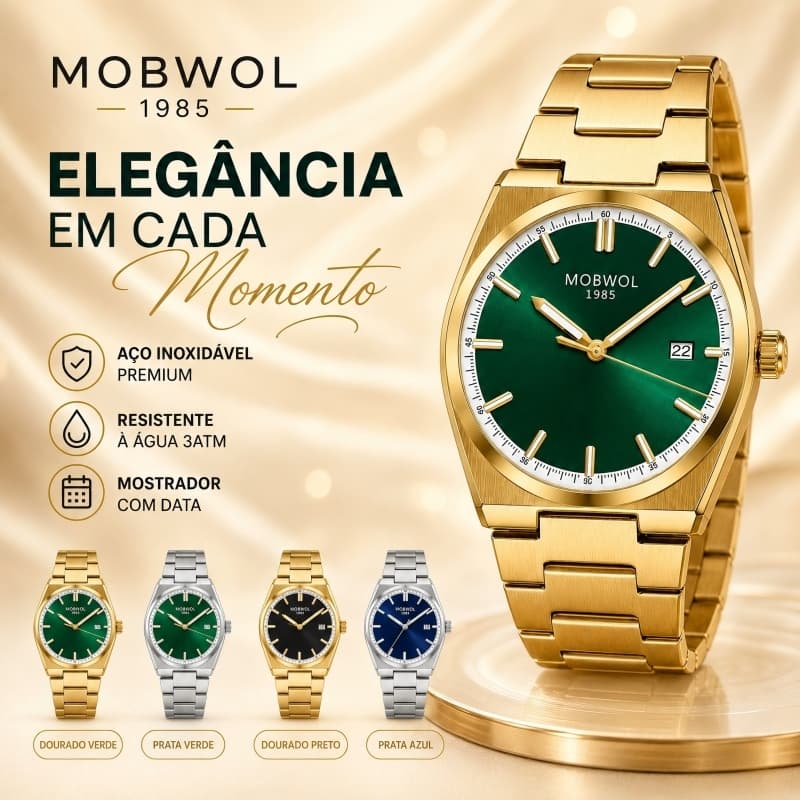Relógio Masculino Quartzo Luxo Premium Aço Inoxidável 3ATM à Prova D'Água Verde Esmeralda Analógico Luz Noturna 2604