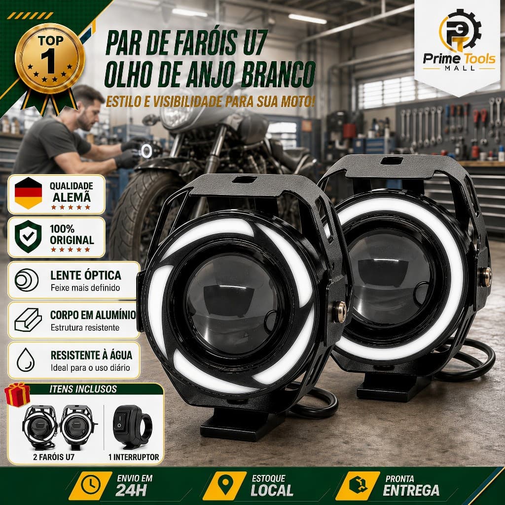 Kit 2 Farol Grande Milha U7 Olho Anjo Led Branco Angel Eye Moto Carro Strobo Com Punho Interruptor e Suporte Universal