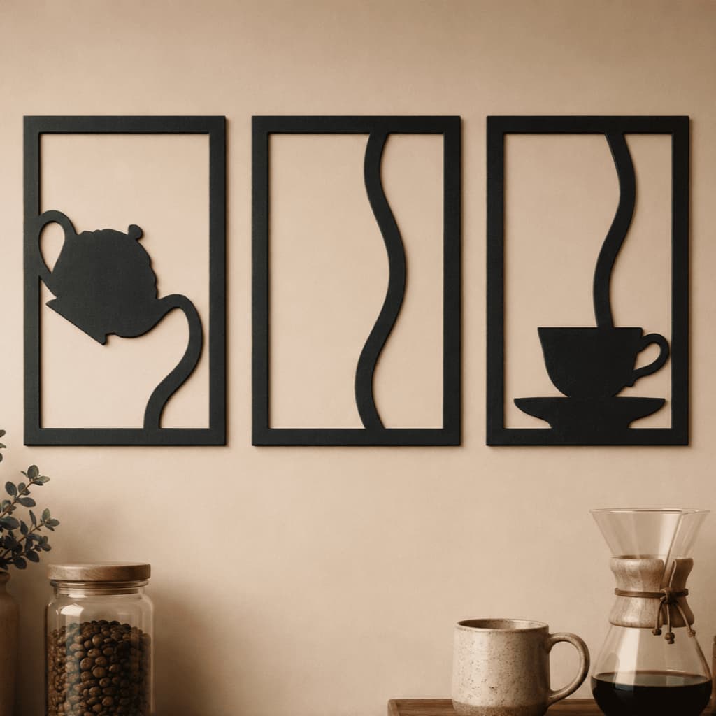 Kit 3 Quadros Decorativos em MDF Bule e Xícara para Cozinha e Cantinho do Café