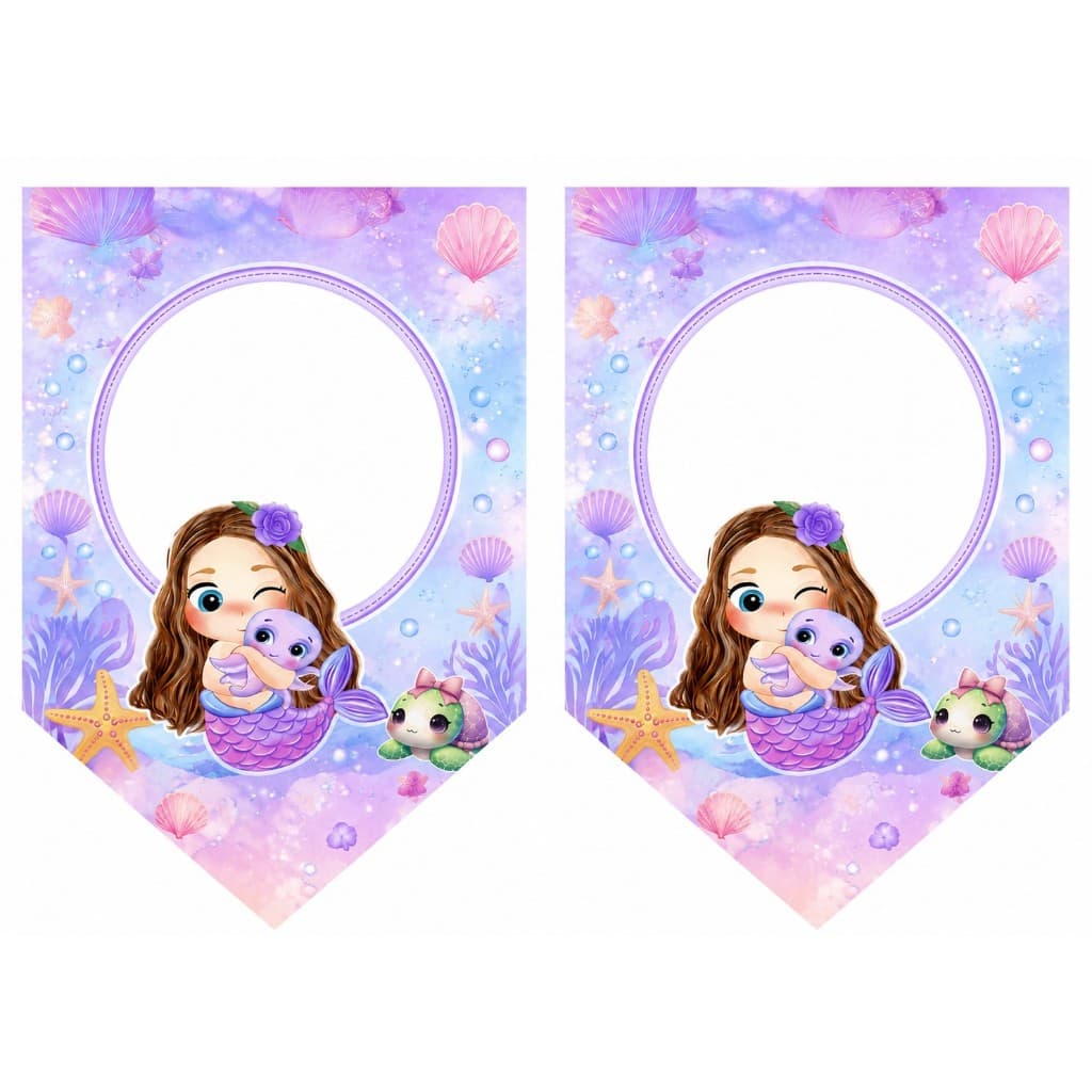 Bandeirolas Sereia Personalizadas para Festas - 12 BANDEIRINHAS Fundo do mar - com o barbante