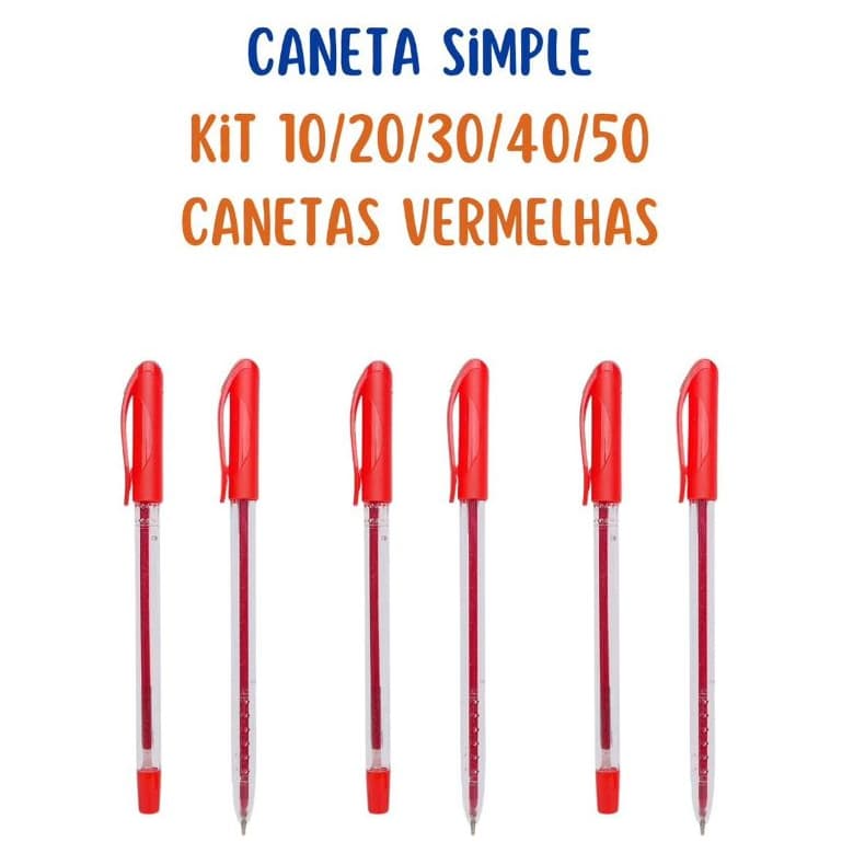 Kit 10 a 50 Canetas Esferográfica Simple Vermelho Jocar Office Ponta Média 10mm Corpo Redondo para Escolar e Escritório
