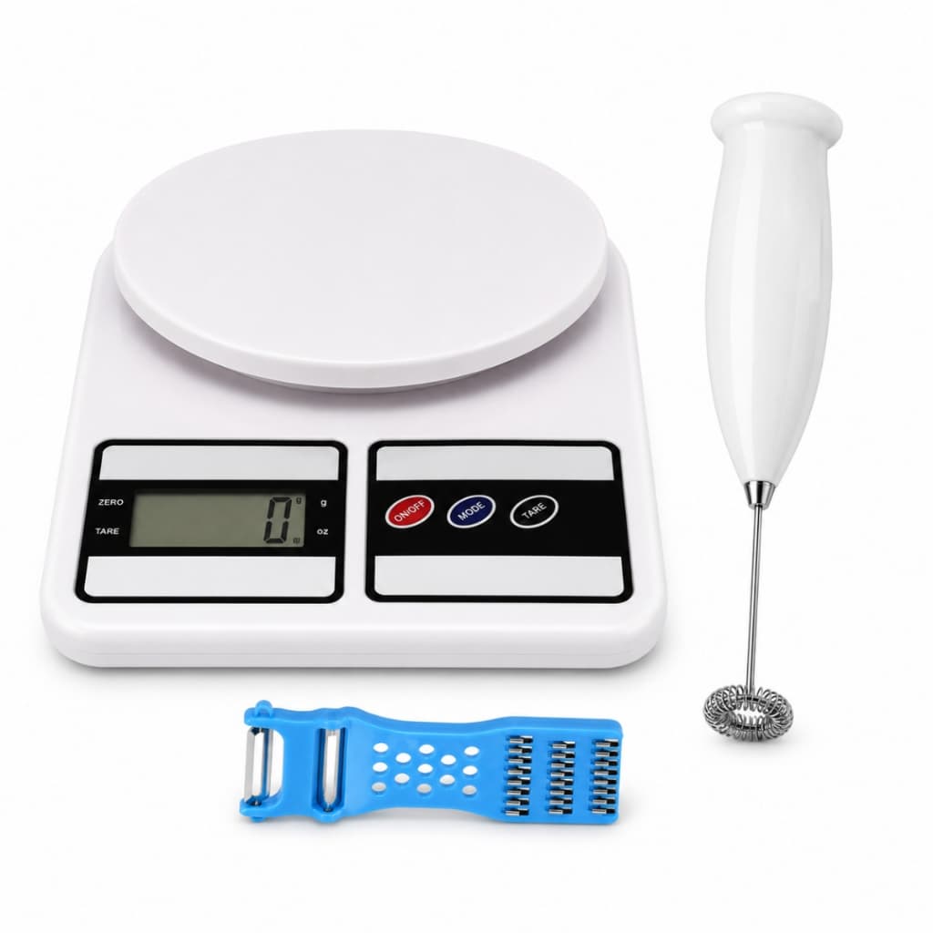 Kit Cozinha Balança Digital Mixer Elétrico Espumador e Mini Ralador Fatiador Descascador Multifuncional