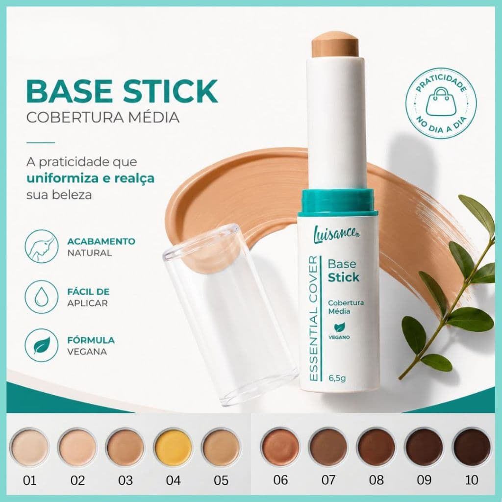 Base Stick Luisance Essential Cover Vegana Cobertura Média Bastão 10 Cores Natural + Brinde