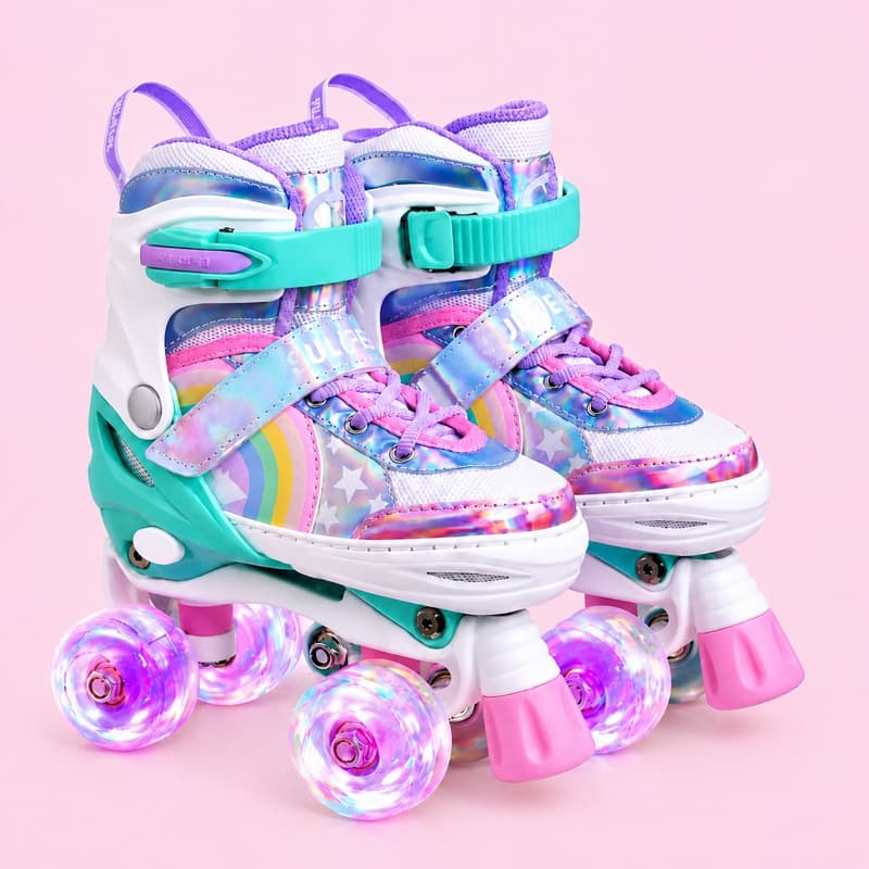 Patins Infantil Arco Íris + Kit Proteção com Led nas Rodinhas/ Tamanhos Ajustáveis