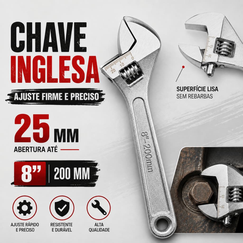 Chave Inglesa 8 Polegadas 200mm Aço Cromo-Vanádio Cr-V Ajustável Abertura Até 25mm