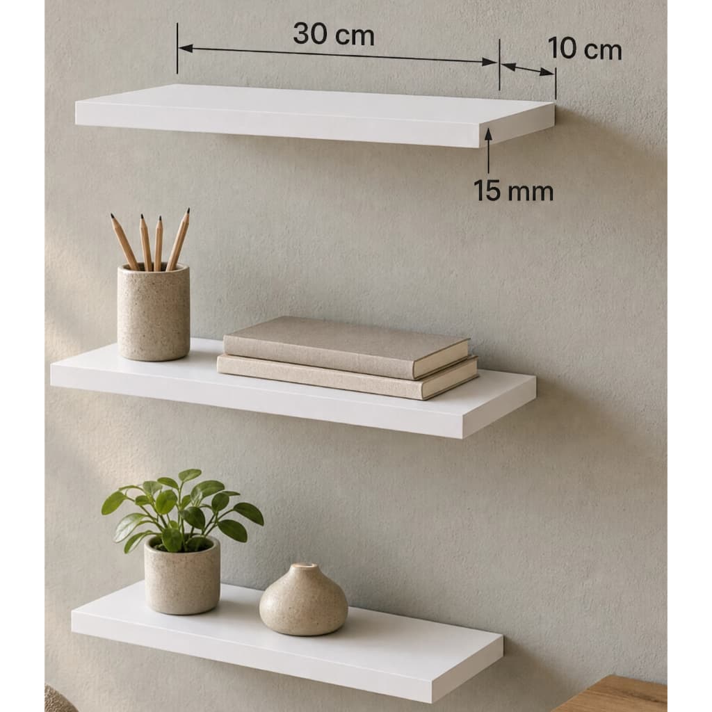 Kit 3 Prateleiras Flutuantes MDF Branco 30x10cm 15mm Nicho Decorativo de Parede Cozinha Sala Banheiro Escritorio