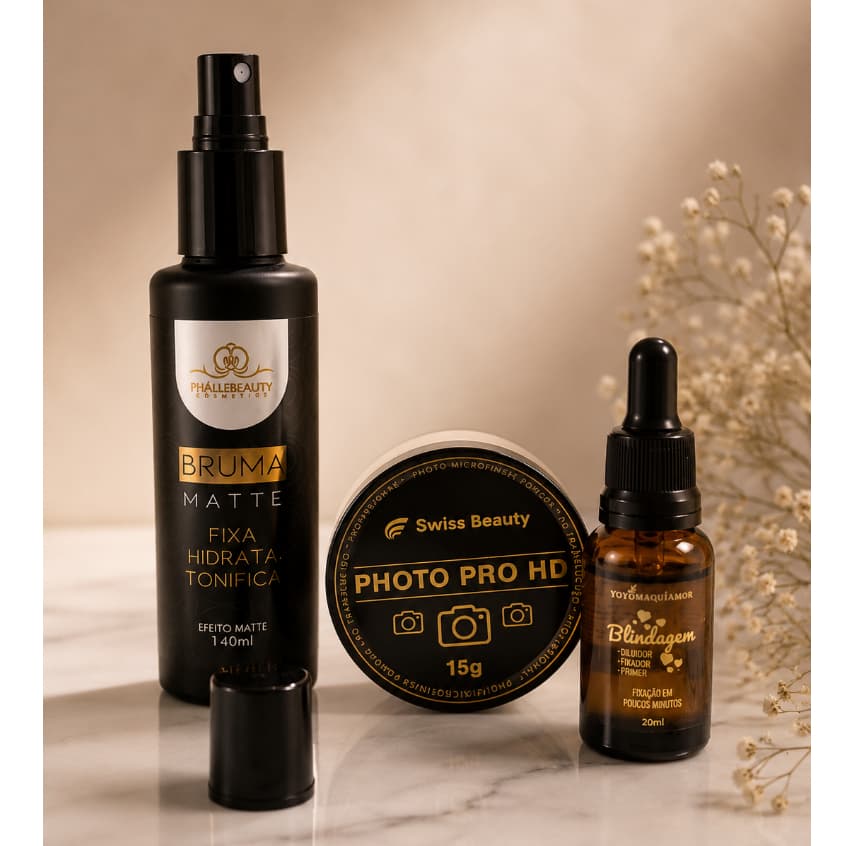 Kit - Pó Solto Translucido 15g  + Bruma Fixadora Matte 140 ml + Blindagem Poderosa 3em1 Diluidor, fixador e prime 20ml
