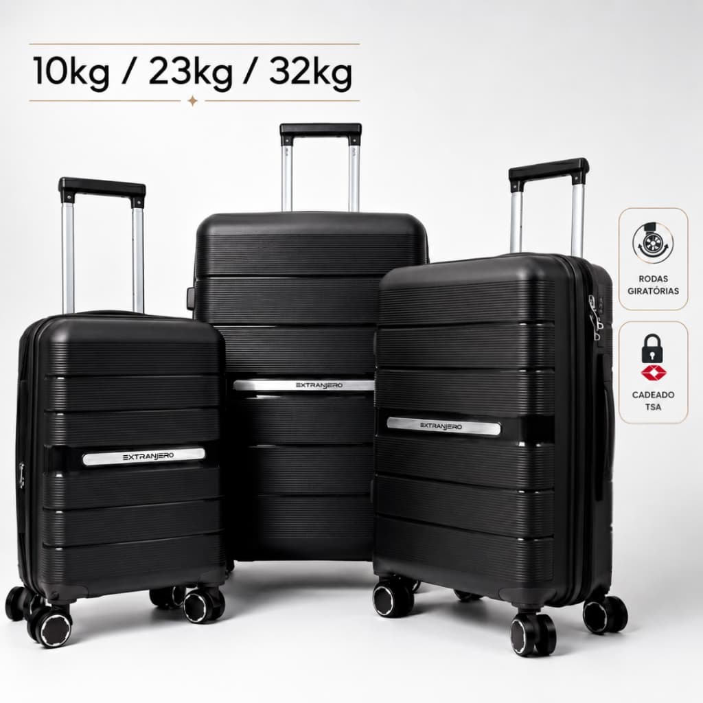 Kit 3 Mala Viagem P M G Polipropileno Rodas 360° Cadeado TSA Resistente