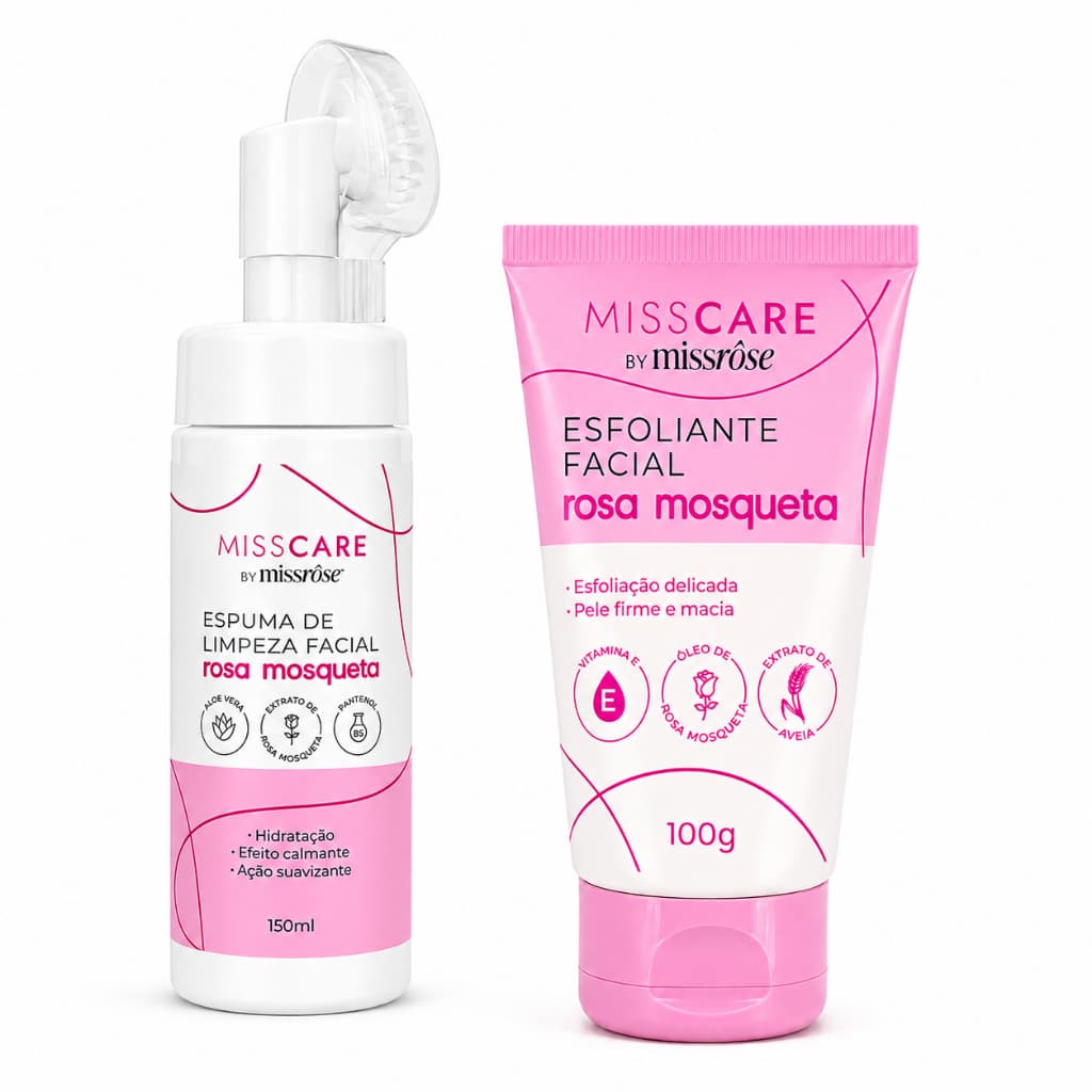 Kit Skincare Facial Miss Rôse Rosa Mosqueta Espuma 150ml + Esfoliante 100g Limpeza e Esfoliação