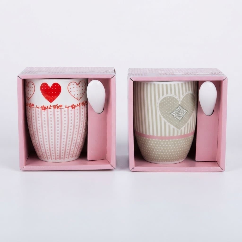 Xícara de Cerâmica com Colher Caneca Decorada Coração Amor Sortido 340ML Caixa, Presente, Café, Chá