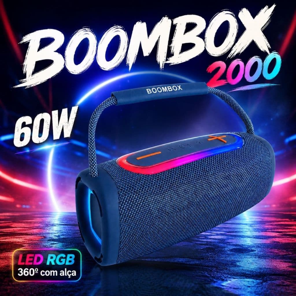 Caixa de Som Boombox 2000 Potente 60W Bluetooth Portátil Rádio FM LED RGB AUX Prova d'Água Graves Fortes