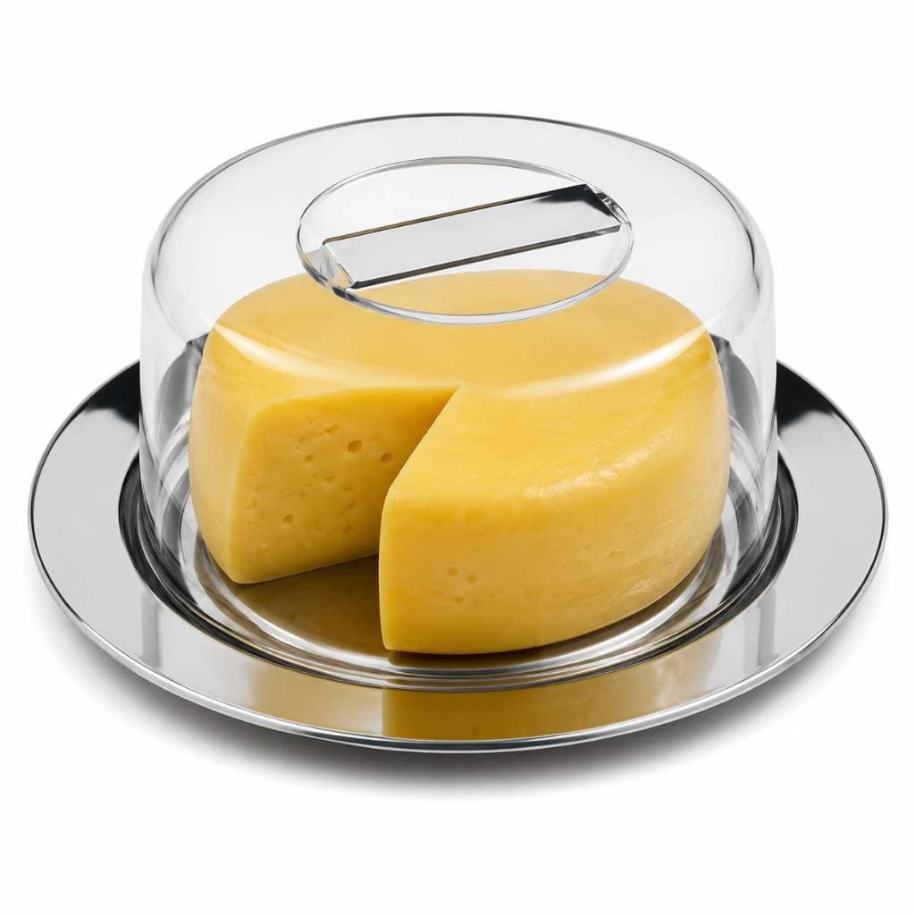 Porta Queijo Queijeira Prato Aço Inox E Tampa Acrílica Transparente Suporte Classic