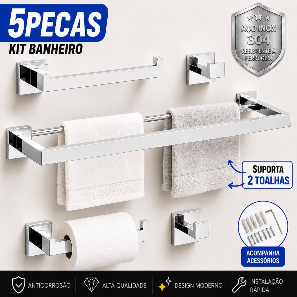 Kit Banheiro 5 Peças Inox 304 Toalheiro Duplo 60cm Premium Cromado
