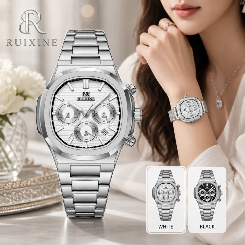 Relógio Masculino RUIXINE R-9736 Cronógrafo Quartzo Elegante Aço Inoxidável Luxo Casual Executivo Data Pulseira Metálica