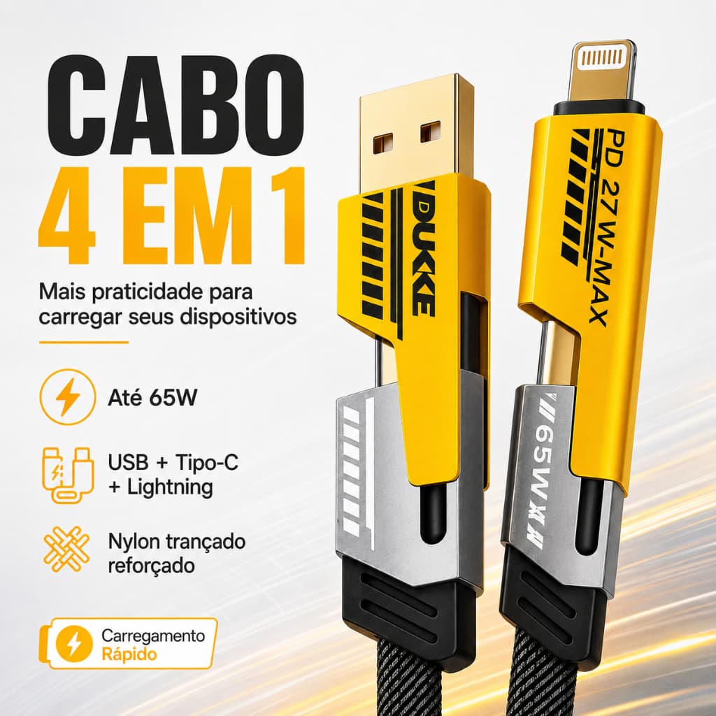 Cabo De Celular  4 em 1 Tipo C USB Lightning 65W PD Nylon Trançado Reforçado para  Notebook iPhone Android