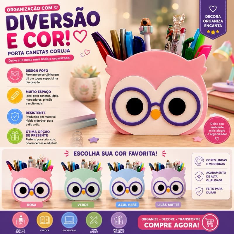 Porta Canetas Coruja Organizador de Lápis e Pincéis Decorativo para Mesa Quarto Infantil e Escritório