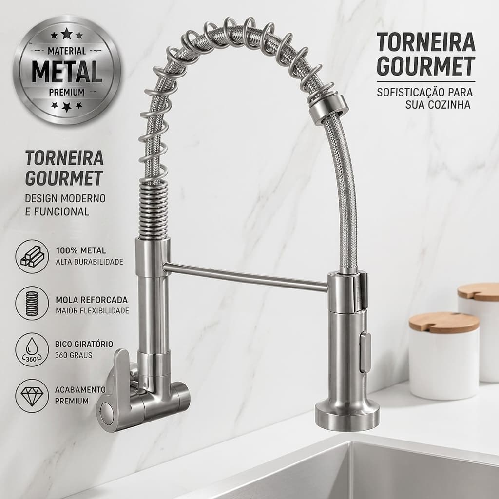 Torneira cozinha de aço inoxidável 304 montada na parede, 2 em 1, com rotação de 360°
