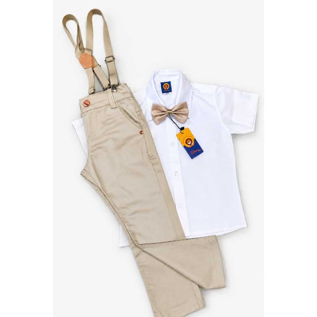 Conjunto batizado menino roupa social infantil camisa manga curta criança calça sarja bege suspensório gravata trajes