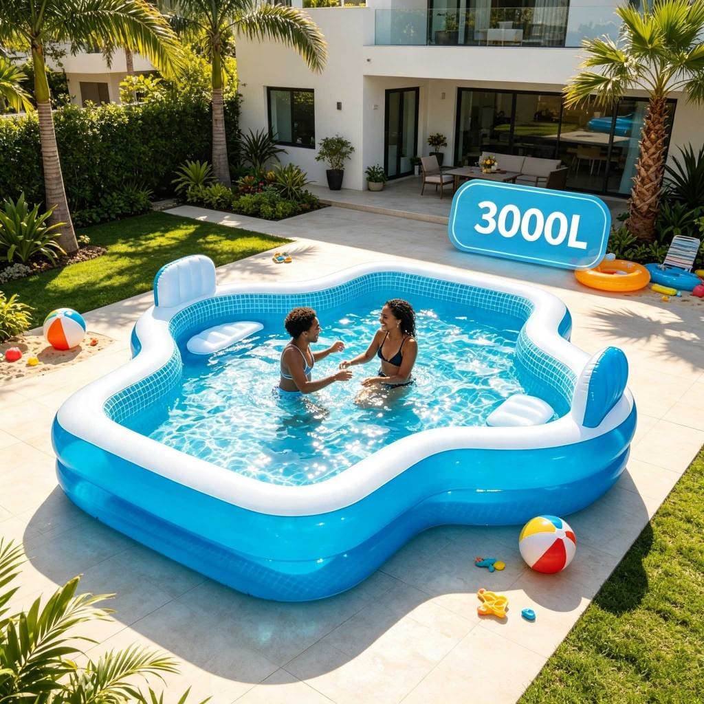 Piscina familiar premium de 3000 litros, com assentos e encosto  brinquedo aquático para quintal, modelo de grande porte