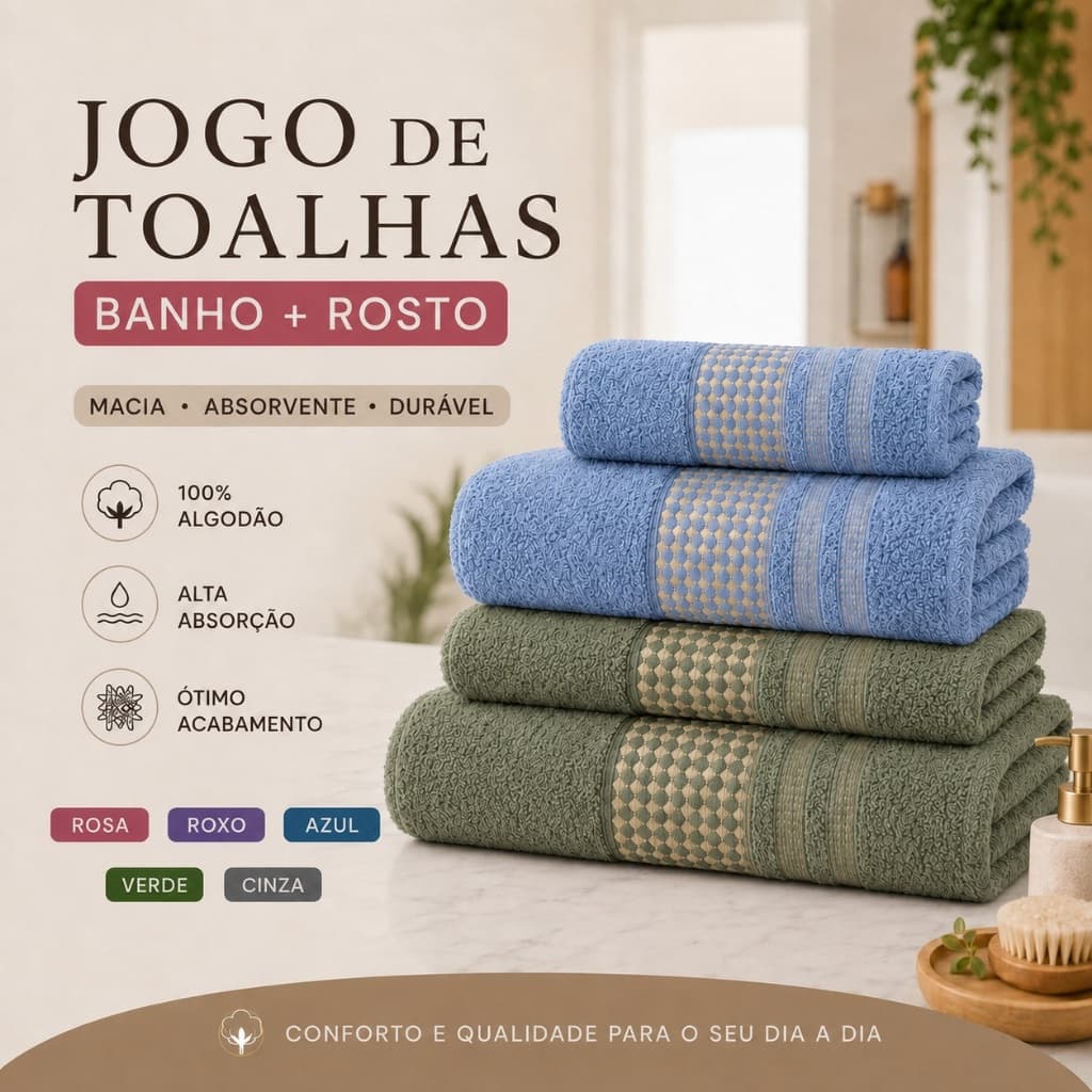 Jogo Toalhas de Banho + Rosto  4 Peças 100% Algodão Grossa Felpuda Super Macia Excelente Absorção New Paris