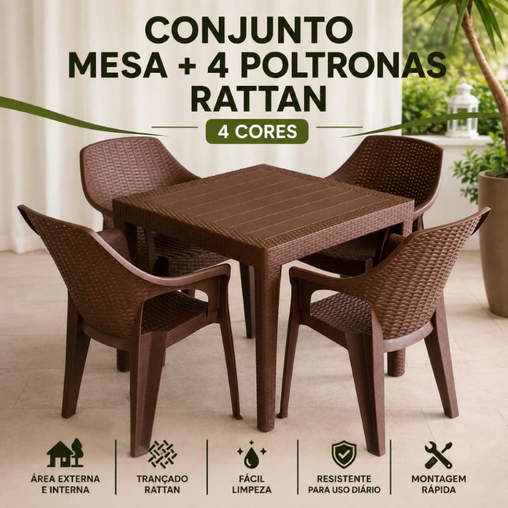 Conjunto Mesa com 4 Poltronas Rattan Cadeira Reforçada Jantar Área Jardim Casa Salão Lazer Piscina
