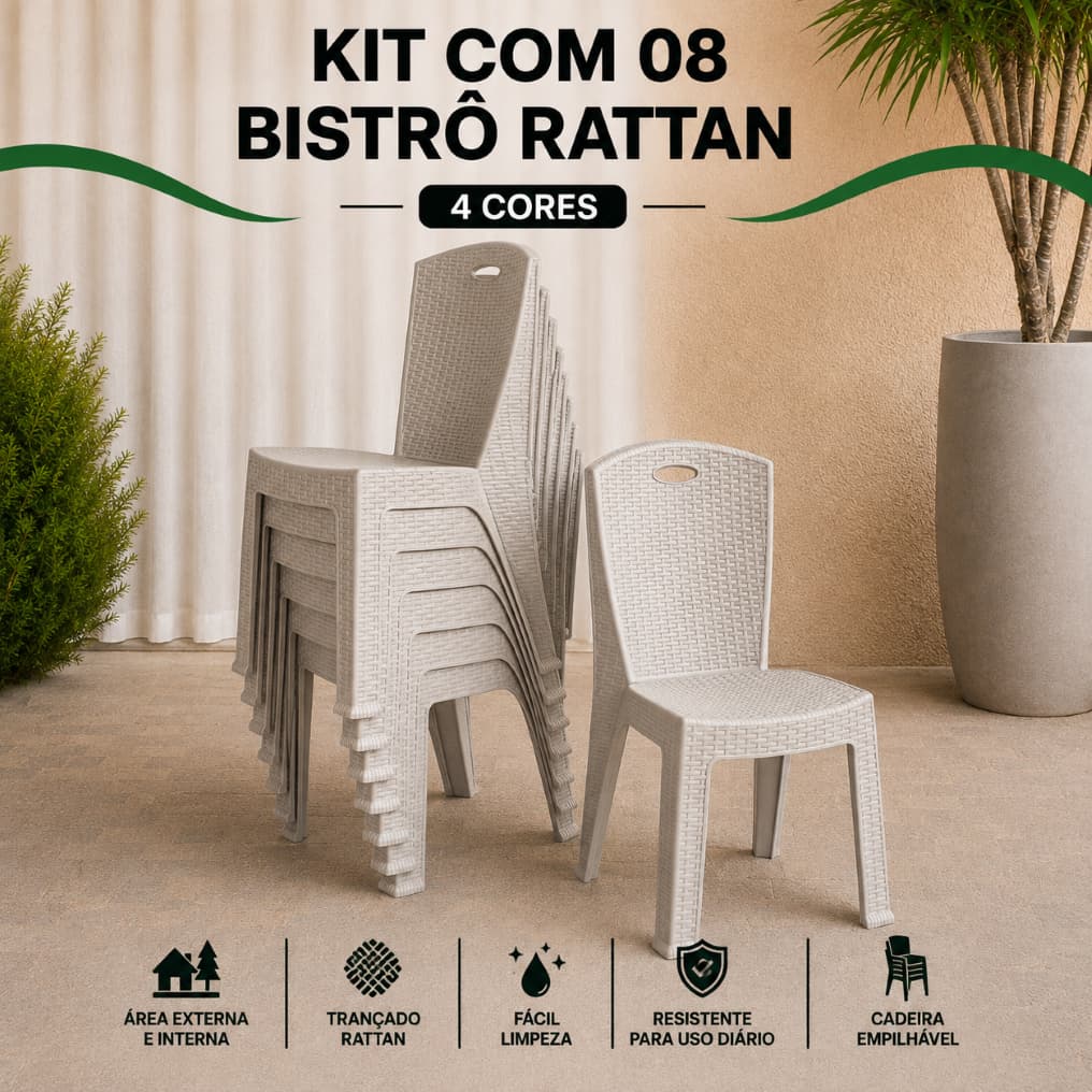 Kit 8 Bistrô Rattan Cadeiras Reforçada Empilhável Escritório Varanda Piscina Salão Área Lazer