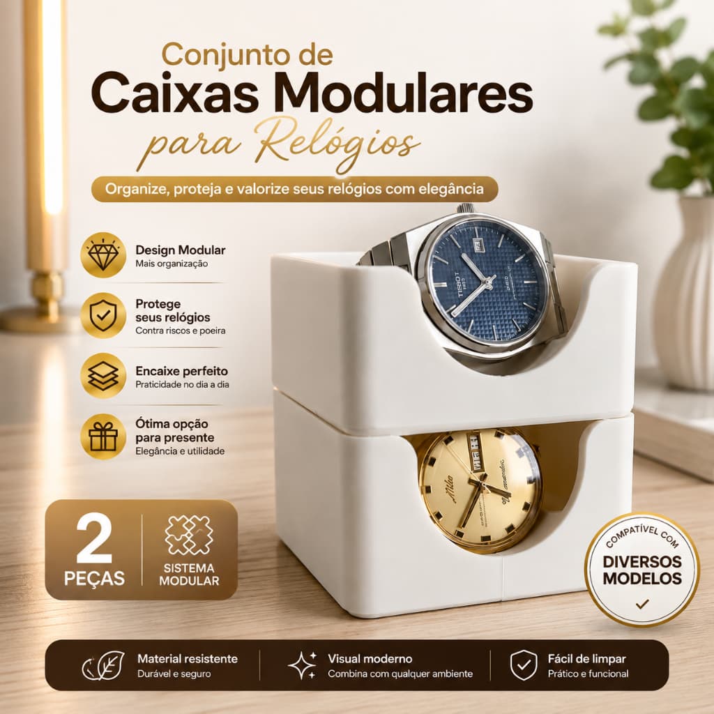 Conjunto de 2 Caixas Modulares para Relógios – Organizador de Relógios Empilhável