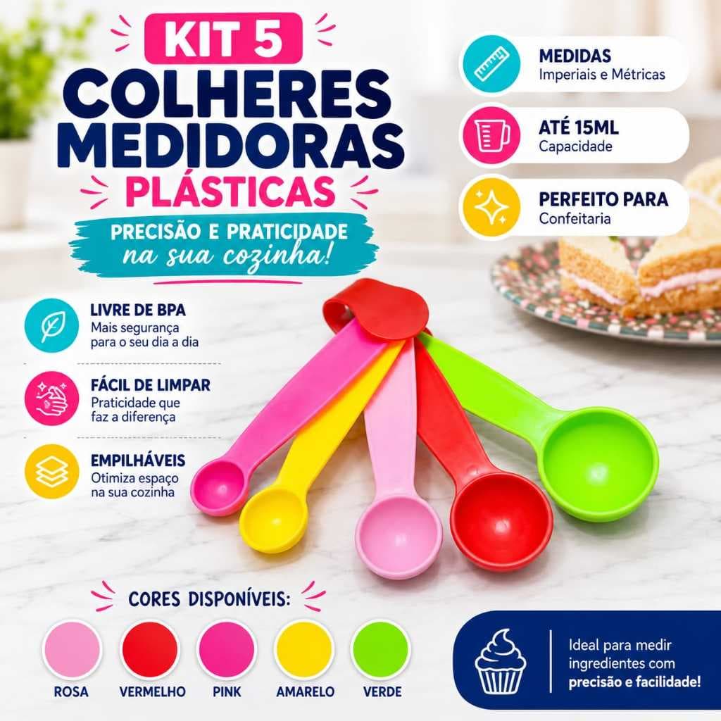 Jogo de 5 Colheres Medidoras de Receitas para Bolo Cozinha Confeitaria Multicolorida Diversos Tamanho