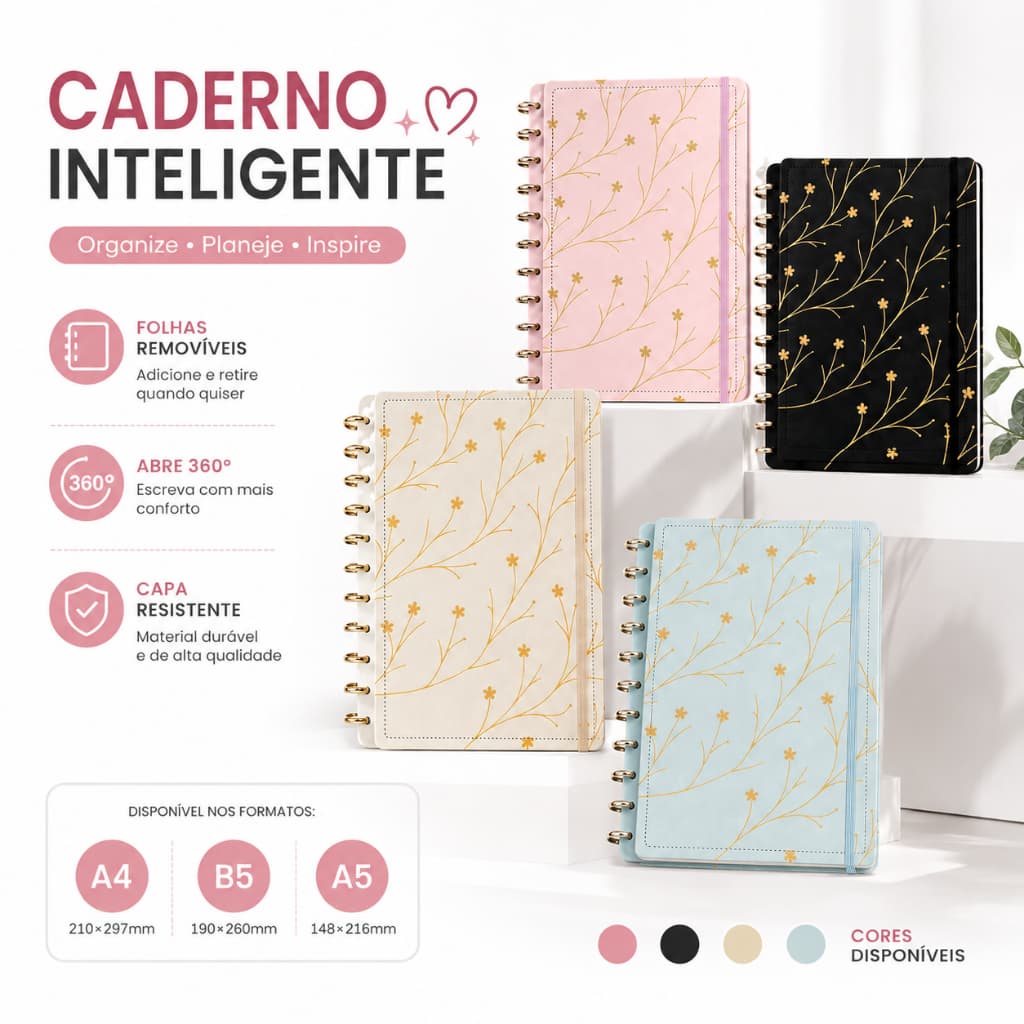 Caderno Inteligente A4/A5/B5 Estilo Floral Hot Stamping, 80 Folhas, Ideal para Estudos e Trabalho