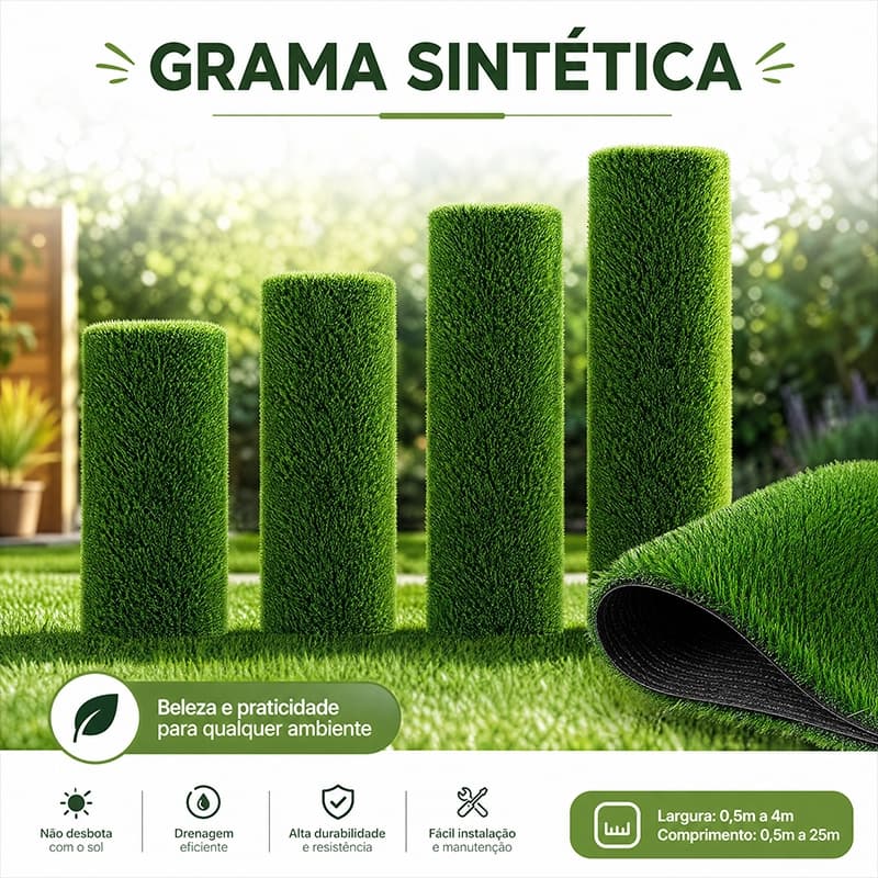 Tapete de Grama Sintética Verde Natural 2,5m a 4m x 1m para Jardim, Casa, Varanda e Área Externa