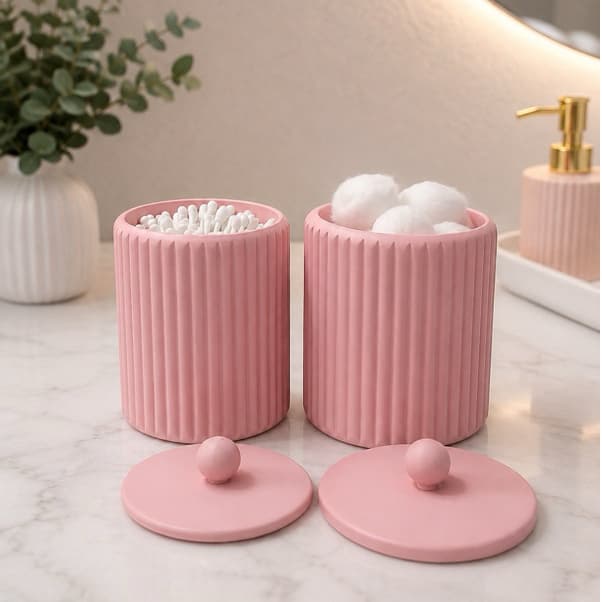 Kit Porta Algodão e Cotonete com Tampa Organizador Banheiro Lavabo Penteadeira Decoração Feminino Canelado Moderno Luxo