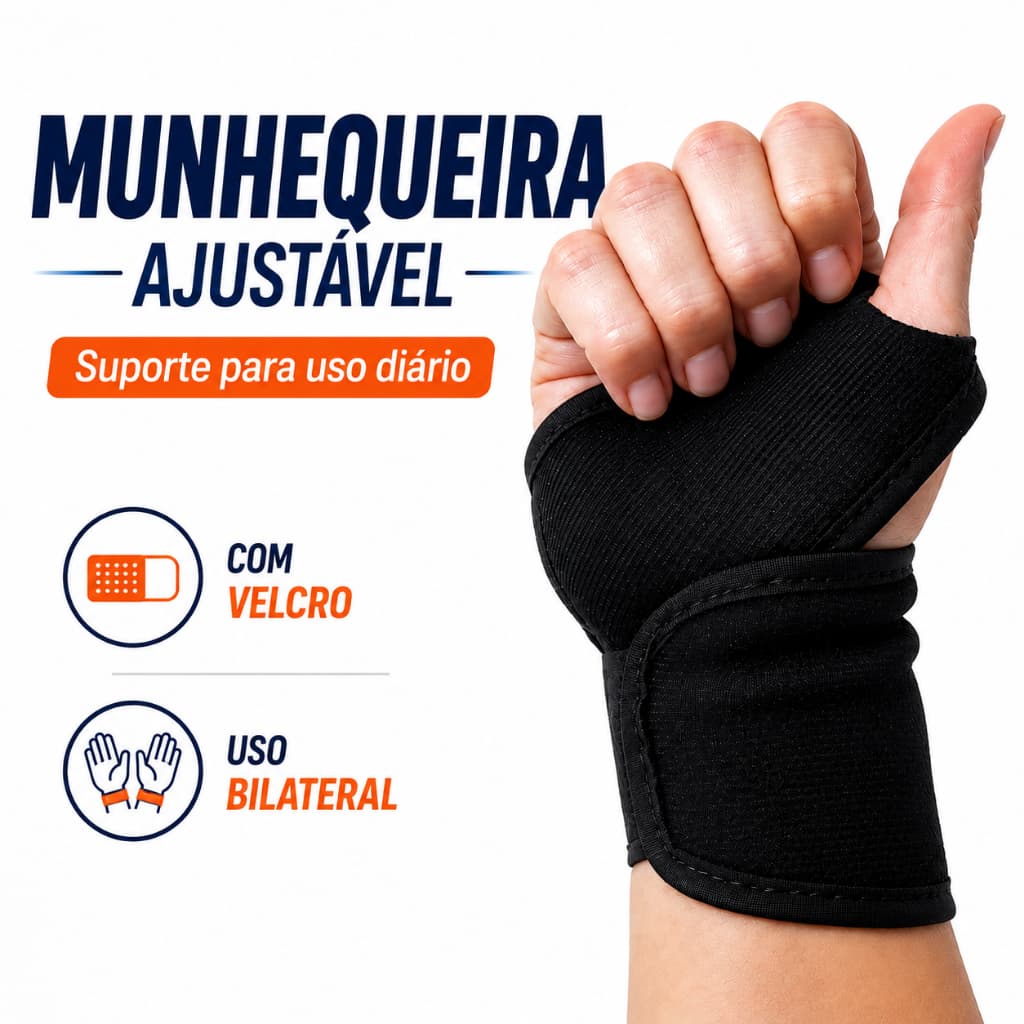Munhequeira Ajustável com Velcro Suporte Bilateral para Punho Uso Diário e Trabalho Academia Preta