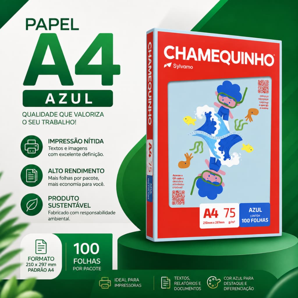 Papel A4 Chamequinho Sylvamo Azul 75g 210x297mm 100 Folhas