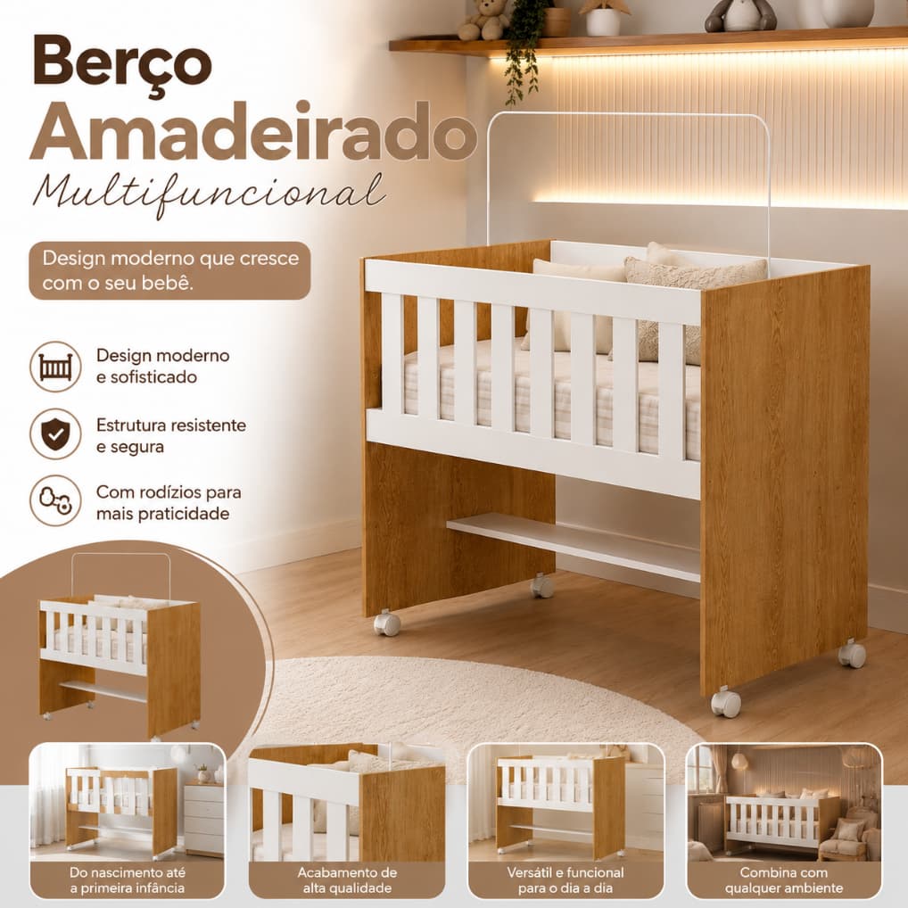 Mini Berço Amadeirado Multifuncional Rubi com Colchão | 5 em 1