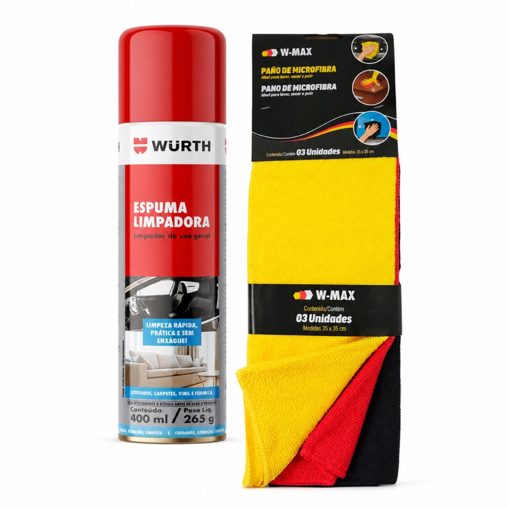 Kit Espuma Limpadora Wurth 400ml Limpa Estofados Sofá Banco de Carro + 3 Panos Microfibra