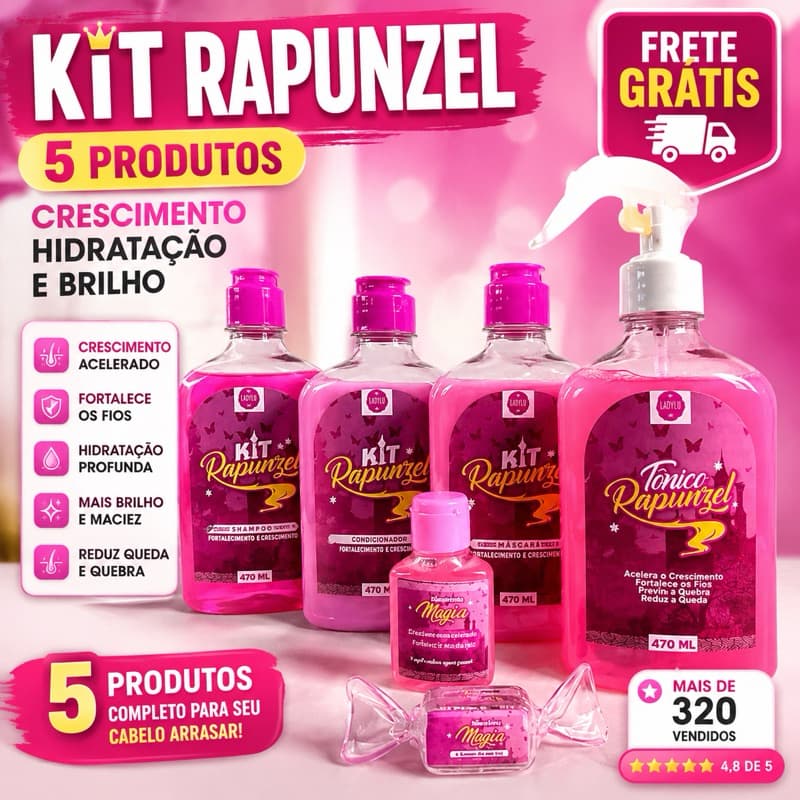 Kit Rapunzel LadyLu 5 Produtos Crescimento Capilar Shampoo Condicionador Máscara Tônico