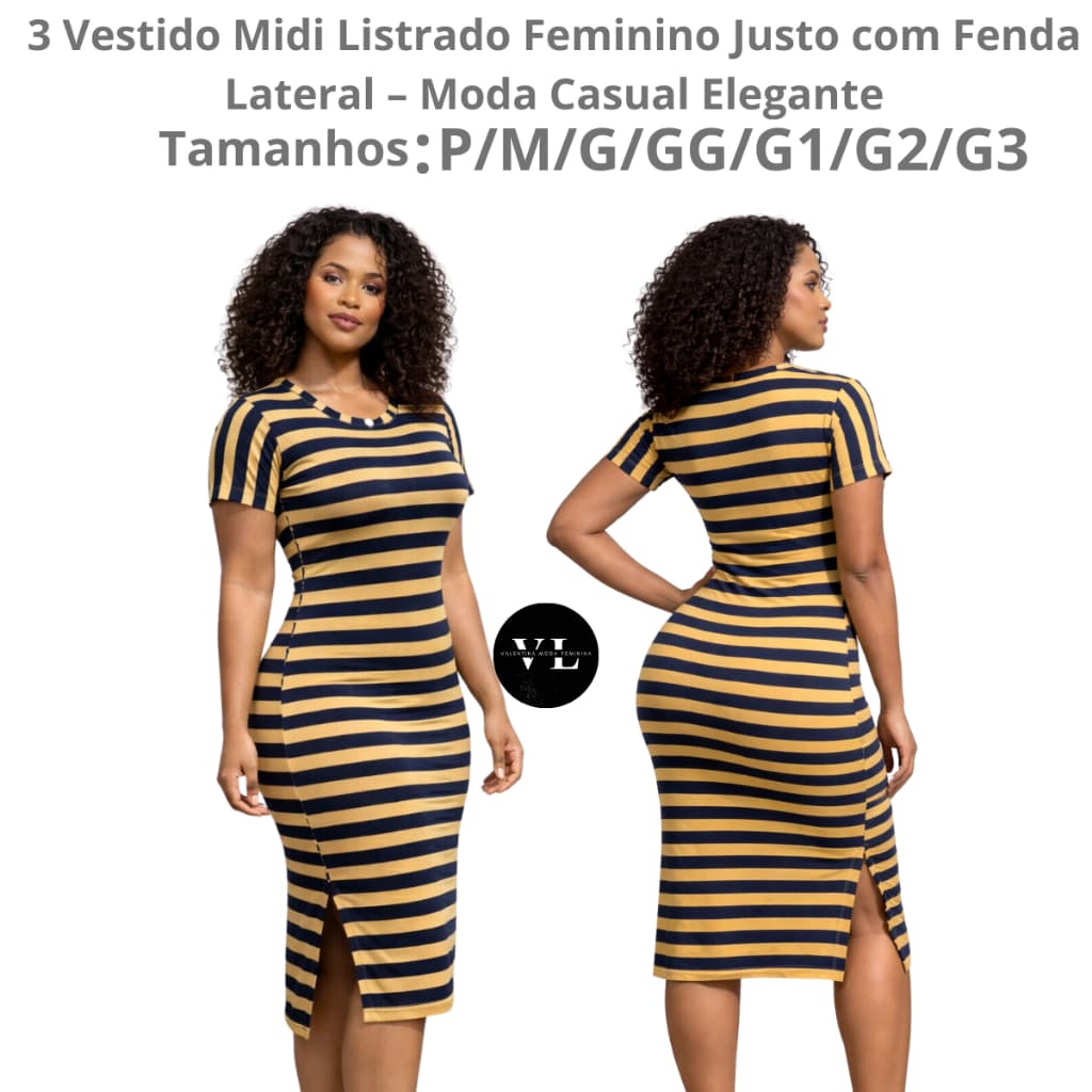 Vestido Feminino Midi Listrado Manga Curta Casual Confortável Elegante com Fenda Lateral