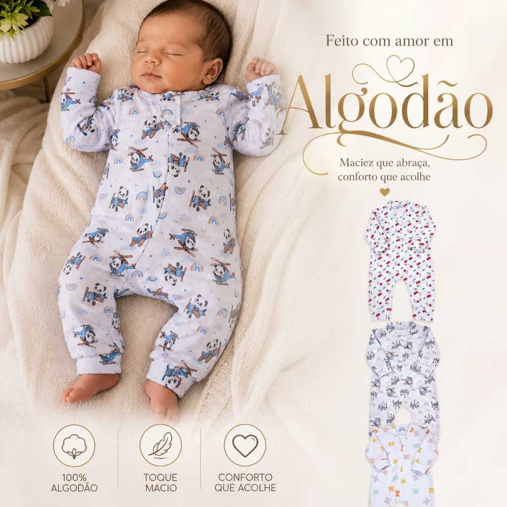 Macacão Bebê Manga Longa 100% Algodão Pijaminha Roupinha Premium