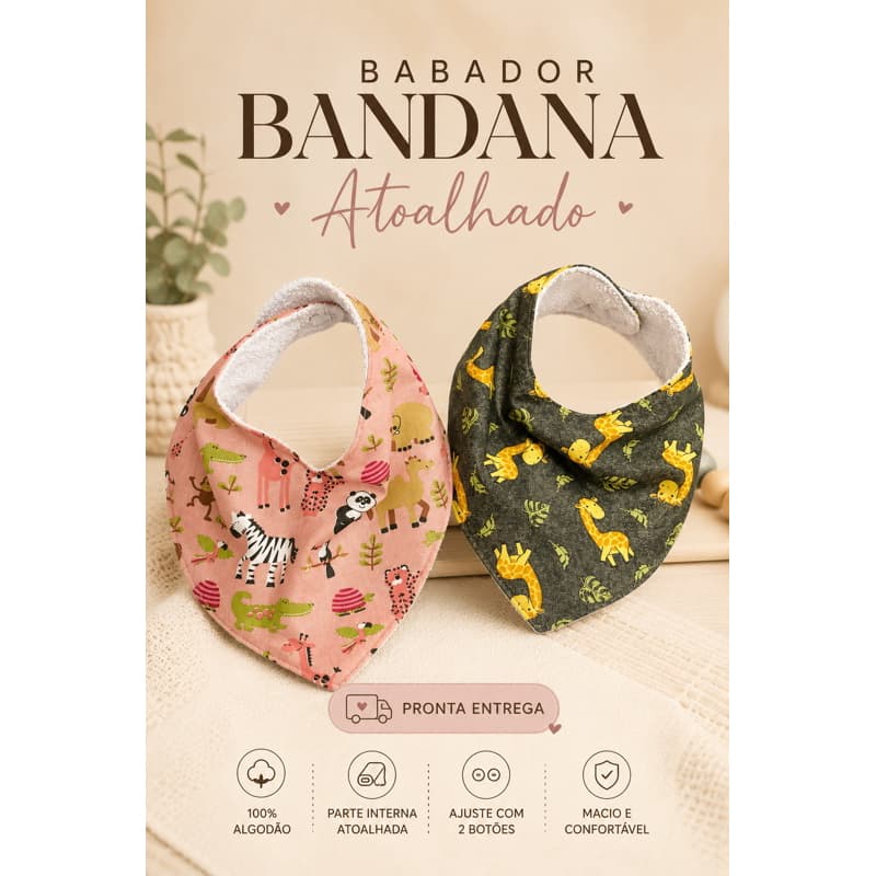 Babador Bandana Atoalhado Bebê 100% Algodão Dupla Camada com 2 Botões Várias Estampas