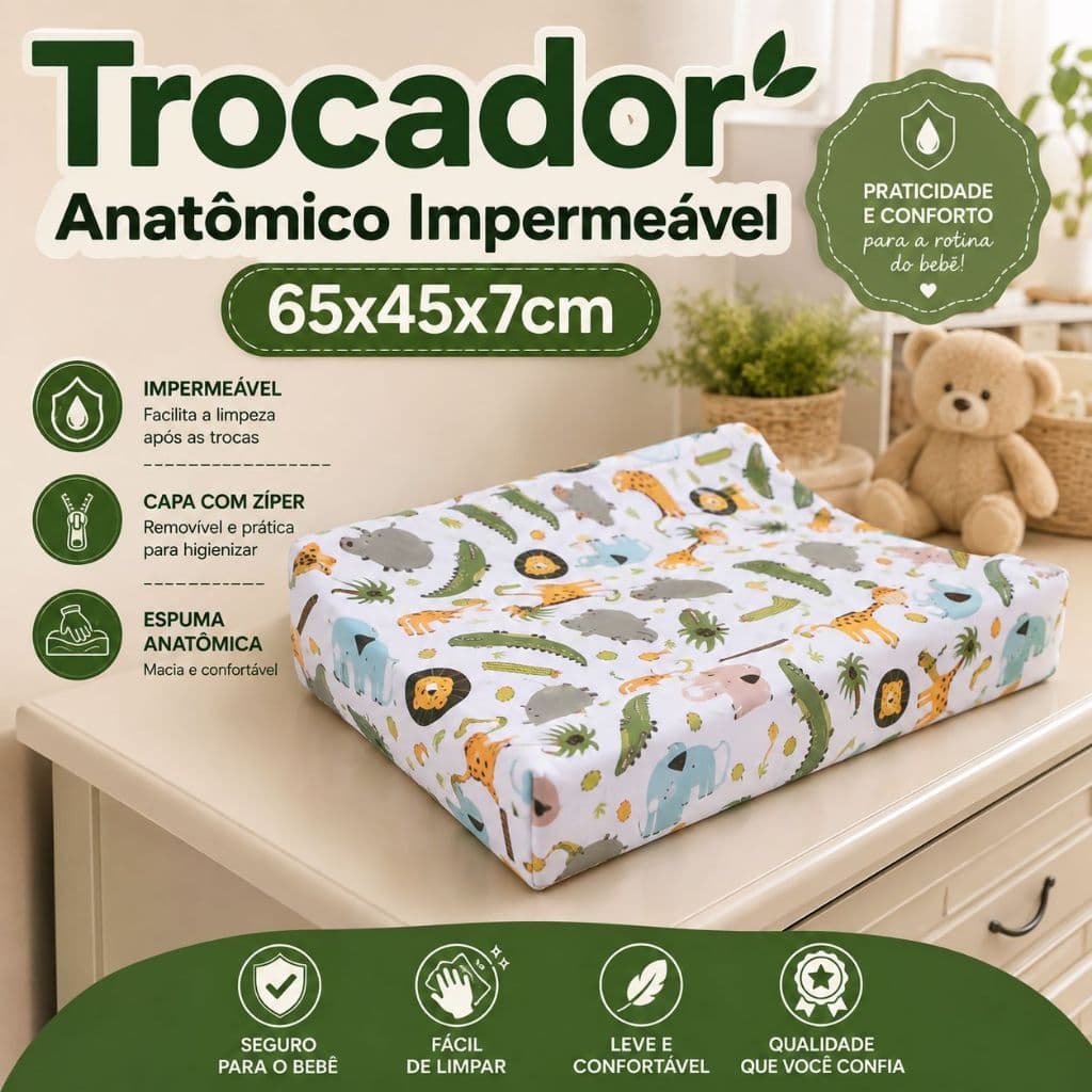 Trocador de Fraldas Bebê Anatômico Impermeável 65x45cm com Capa Zíper para Cômoda